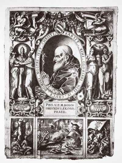 Paavi Pius V Lepanton taistelun vinjeteillä, Vita del Gloriosissimo Papa Pio Quinto, pub. 1586 tekijältä Italian School