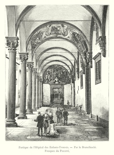 Foundlingin sairaalan portico, kirjoittanut Brunelleschi, freskot Poccetti (kaiverrus) tekijältä Italian School