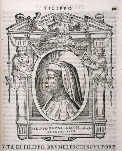 Filippo Brunelleschin (1377-1446) muotokuva Vasariksen taiteilijoiden elämästä, julkaistu ensimmäisen kerran 1550 tekijältä Italian School