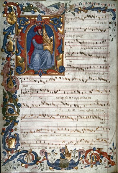 Francesco Landinon muotokuva ja nuotti, kuvitus "The Squarcialupi Codexista", n. 1325-35 tekijältä Italian School