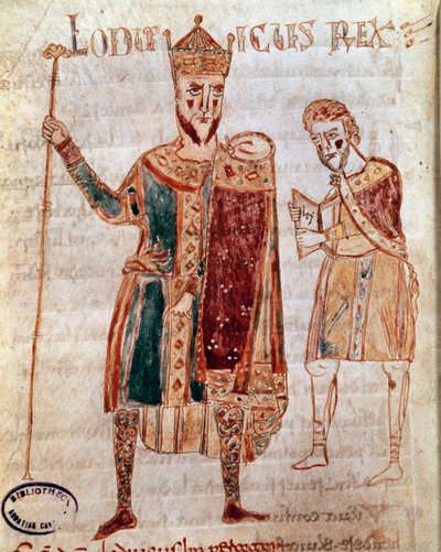 Ludvig I hurskaan (778-840), Ranskan kuninkaan muotokuva Käsikirjoitussivu (ms. 4) "Codex Legum Longobardorum" (tai Langobardorum), joka kuvaa kuningas Rotharin perustaman Lombard-valtakunnan lakeja tekijältä Italian School