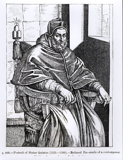 Paavi Sixtus V:n (1520-1590) muotokuva kuvitus teoksesta "Tiede ja kirjallisuus keskiajalla ja renessanssilla", kirjoittanut ja kaivertanut Paul Lacroix, 1878 tekijältä Italian School