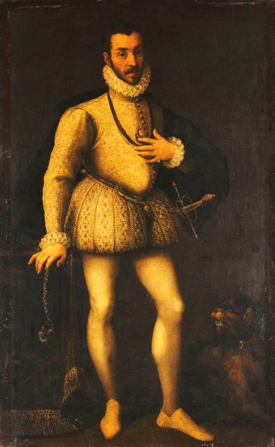 Muotokuva herrasmiehestä, täyspitkä, yllään kirjailtu valkoinen jerkin, viitta ja miekka, n. 1580 tekijältä Italian School