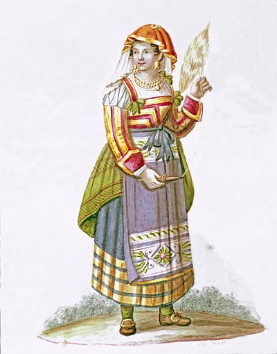 Nuoren naisen muotokuva Pietracanalesta Abruzzon alueelta, perinteisessä asussa, Italia - (Nuori nainen Pietracanalesta, Abruzzo) Akvarelli 1800-luvun Museo Nazionale di San Martino Napoli tekijältä Italian School
