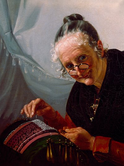 Pitsi muotokuva Vanha nainen hymyilee lorgnonien kanssa työnsä edessä. Venetsialaisen koulun maalaus. 1800-luvun Venetsia, Correr-museo tekijältä Italian School
