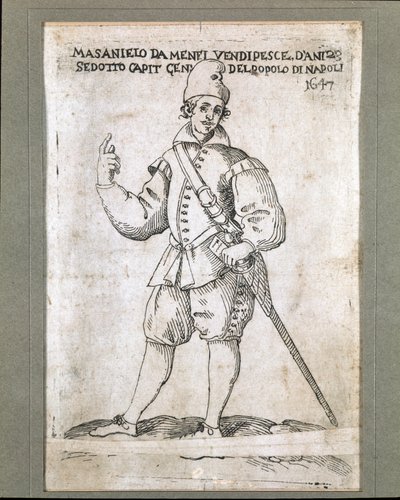 Muotokuva napolilaisesta kalastajasta ja vallankumouksellisesta Masaniellosta (1623-1647) (Masaniellon, napolilaisen kalastajan ja Napolissa vuonna 1647 Habsburgien vallan vastaisen kapinan johtajan muotokuva) Kaiverrus 1600-luvun Museo Nazionale di San Ma tekijältä Italian School