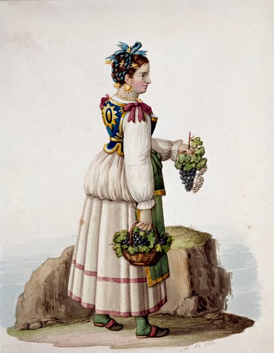 Muotokuva nuoresta naisesta Caprilta, perinteisessä mekossa, pitelee viinirypäleitä - (Vanha kauppa: nuori nainen Caprilta, kädessään viinirypäleitä) Akvarelli 1800-luvun Museo Nazionale di San Martino Napoli tekijältä Italian School