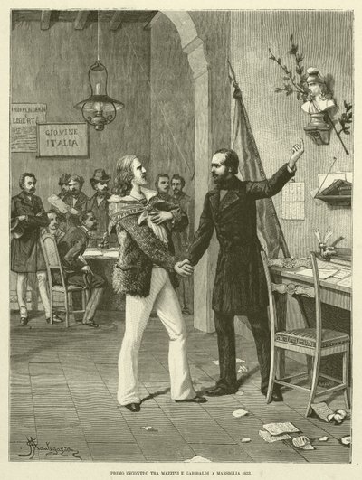 Mazzinin ja Garibaldin ensimmäinen tapaaminen Marseillessa 1833 (kaiverrus) tekijältä Italian School