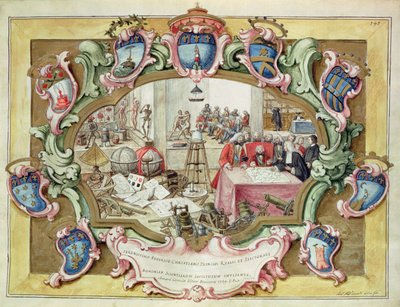 Puolan prinssi Frederick Christian vierailulla Bolognan tiedeinstituutissa vuonna 1739 (akvarelli paperille) tekijältä Italian School