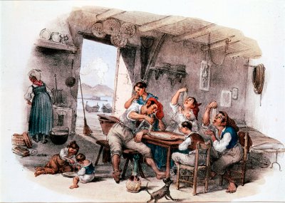 Luultavasti napolilainen perhe syömässä makaronia käsin Nimetön kaiverrus 1800-luvulta. Rooman kansallinen pastamuseo, Agnesi-säätiö tekijältä Italian School