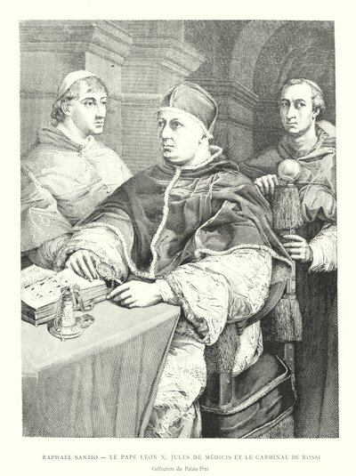 Raphael Sanzio, Le Pape Leon X, Jules de Medicis ja le Cardinal de Rossi, Collection du Palais Pitti (kaiverrus) tekijältä Italian School