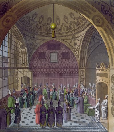 Sulttaanin suurvisiirin läntisten suurlähettiläiden vastaanotto Konstantinopolissa, n. 1820 (värikaiverrus) tekijältä Italian School
