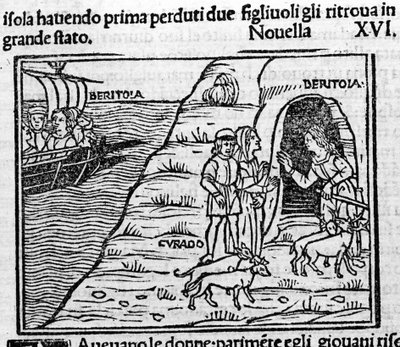 Reet de Beritola. Kuvitus uutisille 16 (toisen päivän uusi 6) "Decameronista"” Giovanni Boccaccio dit Jean Boccaccio (1313-1375), italialainen kirjailija. Kaiverrus "" Decamerone ouer Cento nouelle "" Venetsia, Bartolomeo de 