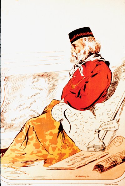 Risorgimenton sankarien ja italialaisen patriootin Giuseppe Garibaldin (1807-1882) parlamentaarisen oikeuden jäsenten edustus vuonna 1874. Piirustus. Rooma, Museo del Risorgimento tekijältä Italian School