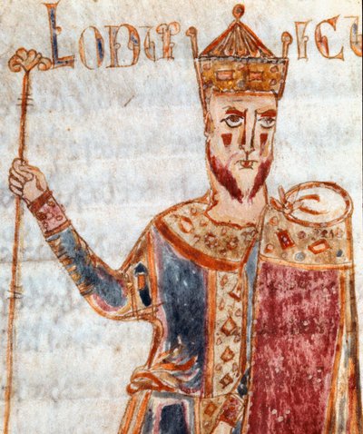 Ludvig I:n (778-840), Kaarle Suuren pojan esitys"" Miniatyyri otettu "" Codex Legum Longobardorumista"" (tai Langobardorum), joka kuvaa kuningas Rotharin perustaman Lombard-valtakunnan lakeja tekijältä Italian School