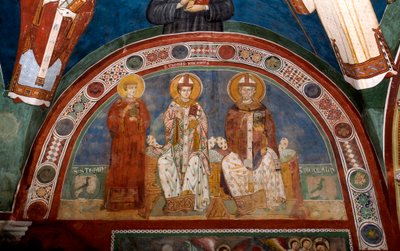 Pyhän Stefanuksen, kristittyjen marttyyrien, Pyhän Thomas Becketin (1118-1170), Canterburyn arkkipiispa ja Myran tai Barin Pyhän Nikolauksen (270-345) edustus Anonyymi fresko (1200-luku) Alakirkko. Pyhän Benedetton luostari (Sacro Speco), Subiaco (Room tekijältä Italian School