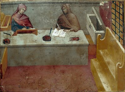 Camerlingvistin, kopioijan avustajan esitys Anonyymi maalaus Bicchernan puulle (Sienan kaupungin kirjanpitorekisterin kansi) 1388. Siena Archivio di Stato, Italia tekijältä Italian School