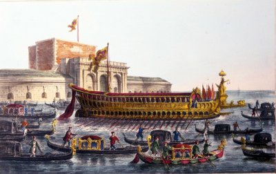 Bucentaurin esitys. (Bucentoro) Helatorstaina Doge ylitti Venetsian laguunin päästäkseen avomeren suulle Bucentaur-nimisellä aluksella. tekijältä Italian School