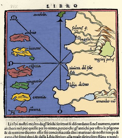 Kanariansaarten edustus. Isolario (saarten kartta), kirjoittanut Benedetto Bordone. Venetsia 1547 tekijältä Italian School