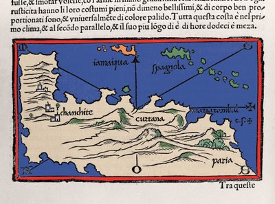 Karibian saarten ja Venezuelan rannikoiden edustus. Isolario (saarten kartta), kirjoittanut Benedetto Bordone. Venetsia 1547 tekijältä Italian School