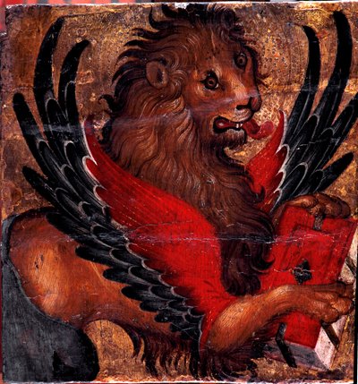 Pyhän Markuksen leijonan esitys. Venetsialaisen taiteilijan maalaus puulle. 1500-luvun aurinko. 34x34 cm Venetsia, Museo Correr tekijältä Italian School