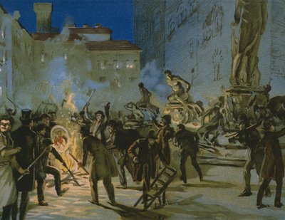 Vallankumous Firenzessä, 27. huhtikuuta 1859, kuva Risorgimenton historiaa käsittelevästä albumista, tehty suklaa Talmonelle, 1800-luvun loppu tekijältä Italian School