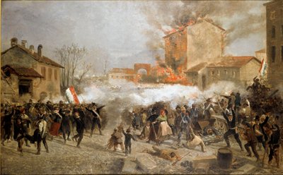 Vuoden 1848 vallankumoukset, viisi päivää Milanossa: kapinalliset valtaavat Porta Tosan 22. maaliskuuta (maalaus tekijältä Italian School