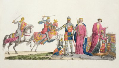 Richard Leijonasydän, John of Gaunt, Edward III, Joan Plantagenet ja Philippa of Hainault, levy 9 kirjasta The History of the Nations (akvatinta) tekijältä Italian School