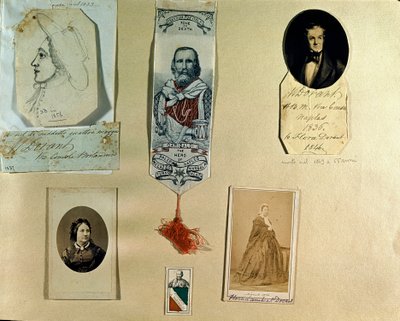 Risorgimento: kollaasitaulu italialaisen patriootin Giuseppe Garibaldin (1807-1882) ympärillä. Rooma, Risorgimenton museo tekijältä Italian School