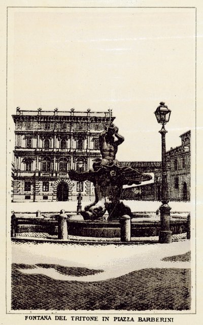 Rooma: Triton-suihkulähde Piazza Barberinilla (litho) tekijältä Italian School