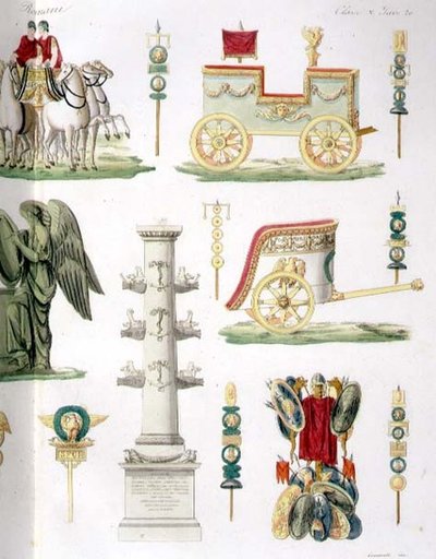 Roomalaiset vaunut, palkinnot ja sotilasmonumentit, yksityiskohta levystä 20, luokka 5 "Kansakuntien historian" osan I osasta, kaiverrettu Marco Comirato (n. 1800-69) (akvatinta) (katso myös 93290) tekijältä Italian School