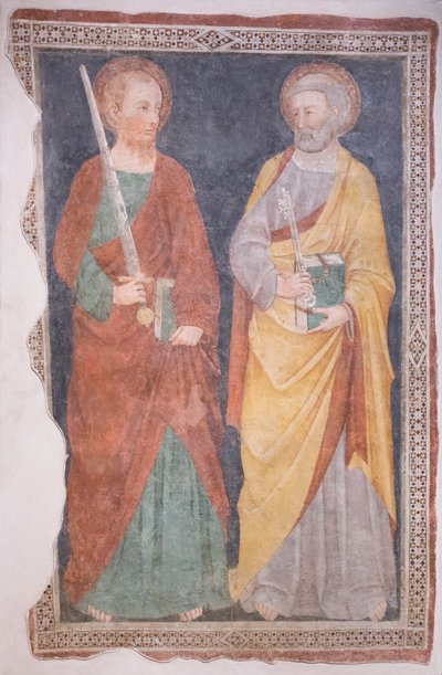 Pyhät Pietari ja Paavali, 1400-luvun puoliväli San Salvatoren kirkon ulkokuvasta (fresko). tekijältä Italian School