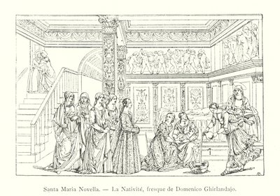 Santa Maria Novella, La Nativite, Domenico Ghirlandaion freskki (kaiverrus) tekijältä Italian School