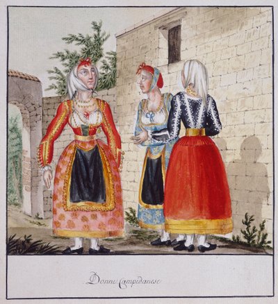 Sardinialaiset naiset Campidanon asuissa, painettu ms.258, Luzzetti Collection tekijältä Italian School