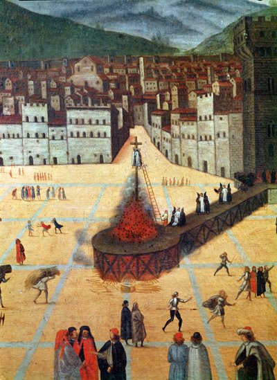 Savonarolan polttaminen roviolla, Piazza della Signoria, Firenze, yksityiskohta tulipalosta (öljy paneelissa) tekijältä Italian School