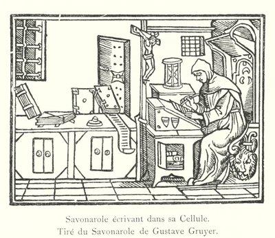 Savonarola kirjoittamassa sellissään, Gustave Gruyerin Savonarolasta (kaiverrus) tekijältä Italian School