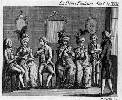 Carlo Goldonin (1707-1793) sarjakuvan ”” La dama prudente” (Järkevä vaimo) (1751) I näytöksen 13. kohtaus. Kaiverrus 1700-luvulta tekijältä Italian School