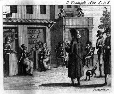 Carlo Goldonin (1707-1793) sarjakuvan Il ventaglio (Tapahtuma) (1764) 1. näytös. Kaiverrus 1700-luvulta tekijältä Italian School