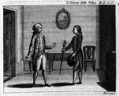 Carlo Goldonin (1707-1793) sarjakuvan "" Ritorno della villeggiatura" (Kaupungin paluu) (1761) 1. näytös. Kaiverrus 1700-luvulta tekijältä Italian School