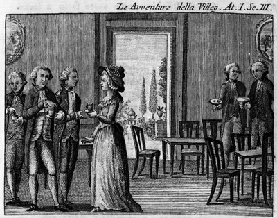 Carlo Goldonin (1707-1793) sarjakuvan "" The avventure della villeggiatura" (Kaupungin seikkailut) (1756) I näytöksen 3. kohtaus. Kaiverrus 1700-luvulta tekijältä Italian School