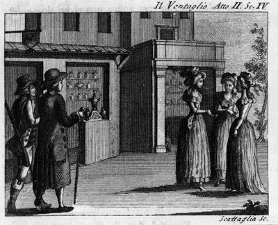 Carlo Goldonin (1707-1793) sarjakuvan ”” Il ventaglio” (Tapahtuma) (1764) II näytöksen 4 kohtaus. Kaiverrus 1700-luvulta tekijältä Italian School