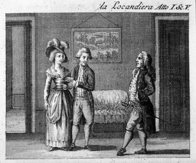 Carlo Goldonin (1707-1793) teoksen "La locandiera" (1753) I näytöksen 5 kohtaus. Kaiverrus 1700-luvulta tekijältä Italian School