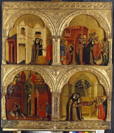 Kohtaus Saint Juliennen elämästä. Venetsialaisen mestarin maalaus, tempera puulle, 1300-luvun toinen puoli. Italialaista taidetta, keskiaikaa, goottilaista taidetta. Valtion Eremitaaši, Pietari. tekijältä Italian School