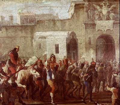 Kohtaus varkaiden rangaistuksesta Masaniellon aikaan (Varkaiden rangaistus Masaniellon aikaan) Yksityiskohta maalauksesta noin 1640-1650 Napoli, Museo Nazionale di San Martino tekijältä Italian School