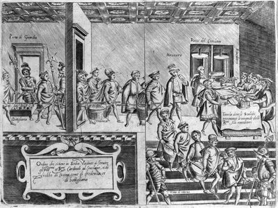 Kardinaalien palvelus konklaavin aikana. Kaiverrus ”Ooppera”, gastronomiaa käsittelevä kirja, joka on jaettu 6 osaan, Bartolomeo Scappi, paavi Pius V. Venetsian henkilökohtainen kokki tekijältä Italian School