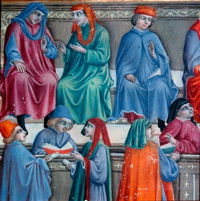 sienalaiset kauppiaat. Yksityiskohta pienoiskuvasta otettu Statuto della Mercanziasta, Sienan kauppalainsäädännön käsikirjoitus. 1342. Sienan valtionarkisto. tekijältä Italian School