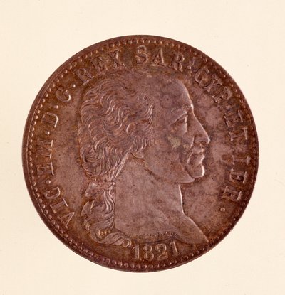 Italian hopeakolikko (ecu) Sardinian kuningaskunnasta: Vittorio Emanuele I:n (Victor Emmanuel I) hallituskausi (1759-1824). 1821. Halk. 3,8 cm Napoli, museo archeologico tekijältä Italian School
