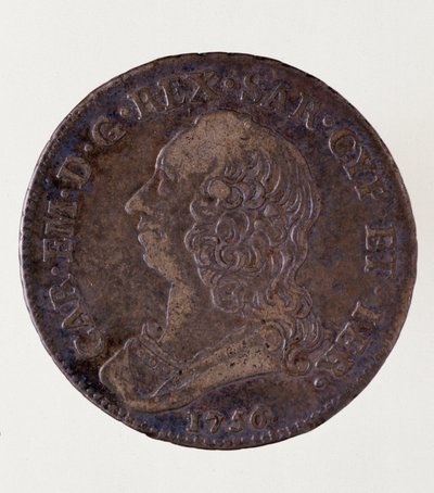 Italialainen hopeakolikko (puoli ecua) Sardinian kuningaskunnasta: Savoylaisen Carlo Emmanuel III:n hallituskausi (1701-1773). 1756. Halkaisija. 3,7 cm Napoli, arkeologinen museo tekijältä Italian School