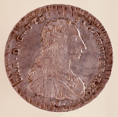 Hopeinen Piastra Napolista: Kaarle III:n hallituskausi (1716-1788) ja muotokuva. 1750. Halkaisija. 4 cm Napoli, arkeologinen museo tekijältä Italian School