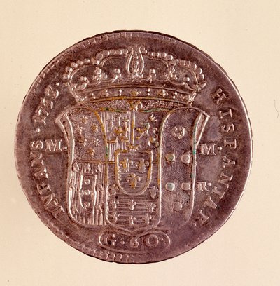 Hopeinen piastra Napolista: Espanjan Kaarle III:n hallituskausi (1716-1788). 1750. Halkaisija. 4 cm Napoli, arkeologinen museo tekijältä Italian School